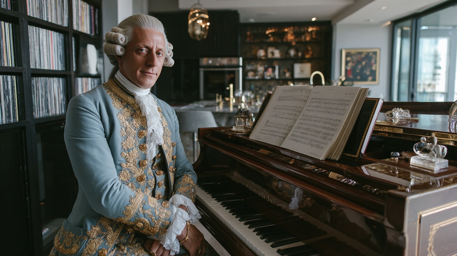 Mozart, in full period dress, seated at a grand piano in a modern apartment