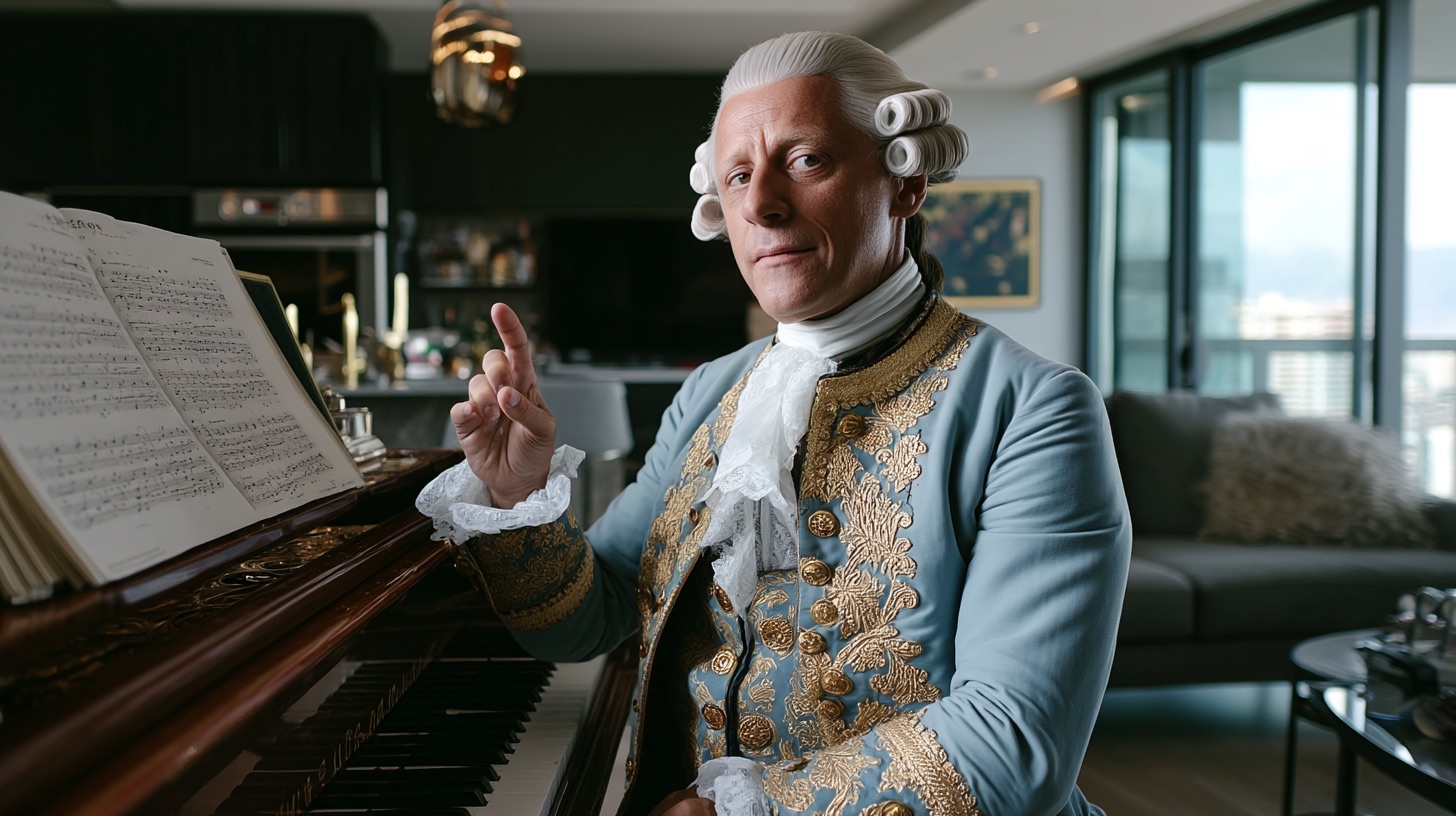 Mozart at the piano, raising a finger to make a point