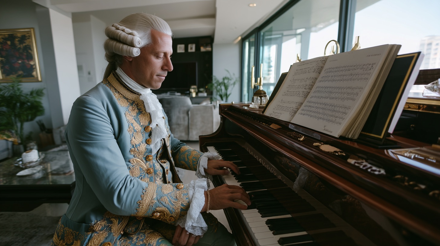Mozart playing the grand piano, eyes on the keys