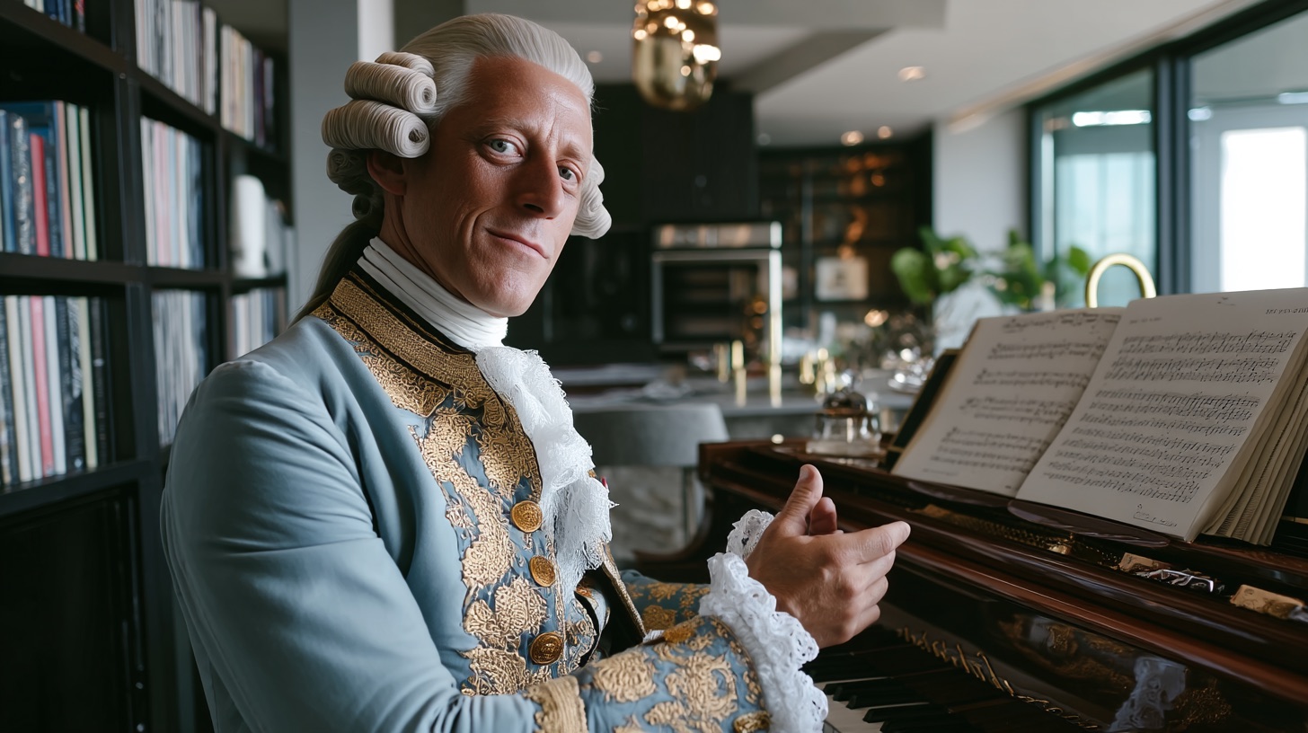 Mozart offering a quiet, approving clap from the piano bench